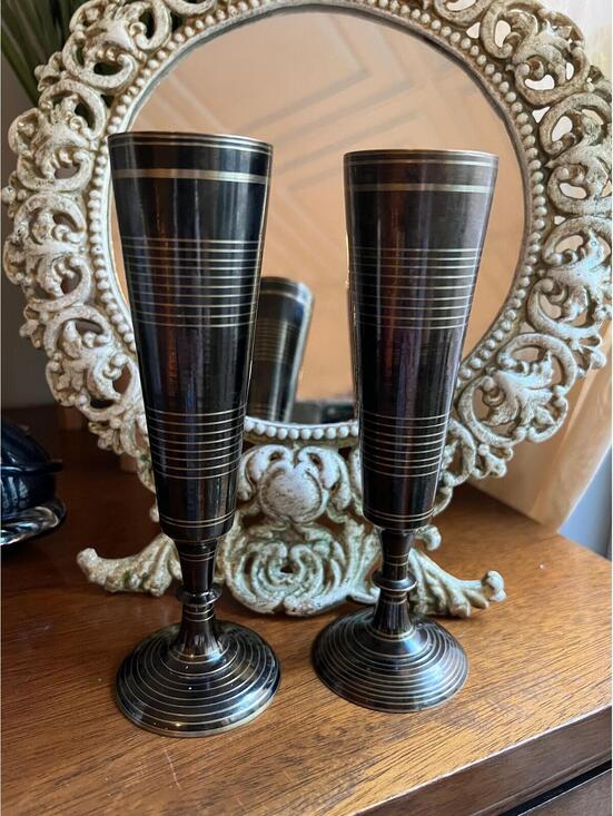 Vintage Other - Vintage Brass Champagne Flutes Etched Pinstripe India Metal Wine Glasses
